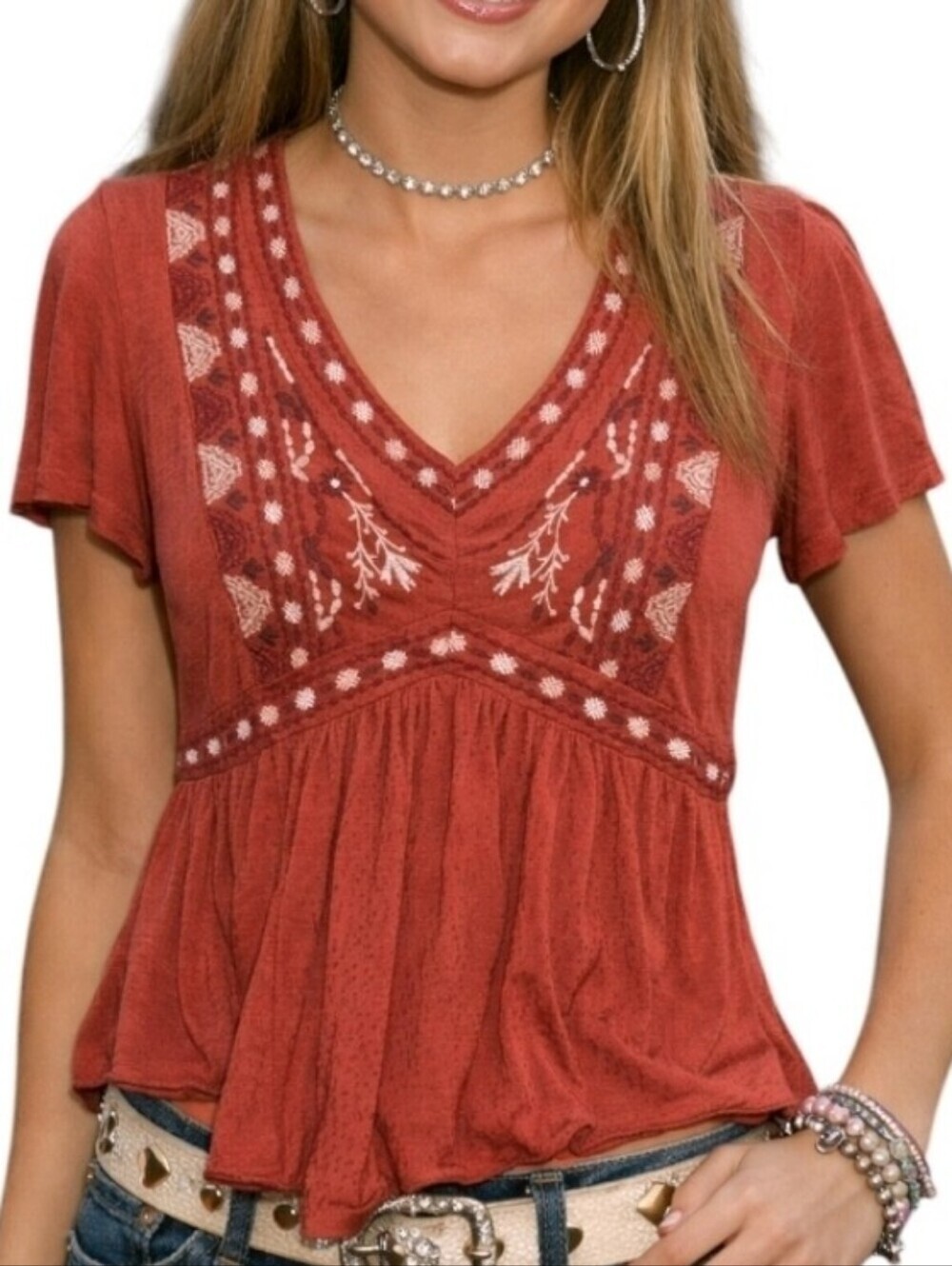 Ivy Babydoll Top Women XS Coral Embroidered Y2K